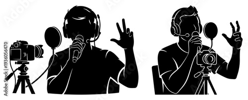 Silhouette of a content creator streaming a podcast or sports news with microphone and camera