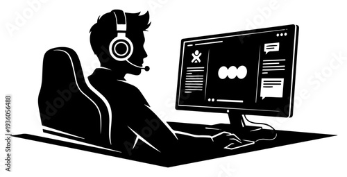 Gamer or esports commentator with headset sitting at a computer desk for live streaming