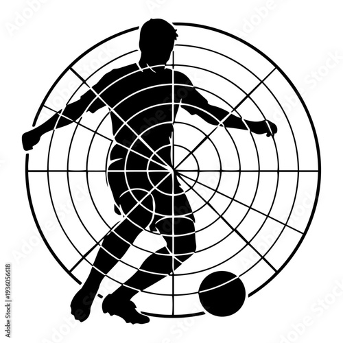 Silhouette of a soccer player inside a radar target or circular grid for performance analysis