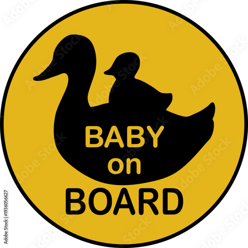 Vector black and yellow sign with a duck and a duckling. The inscription is a child on board. A child in a car.