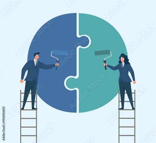 Business Professionals Collaborative Teamwork Painting Puzzle Pieces, Strategic partnership and unity, Collaborative problem solving, Corporate team building, Merging business interests