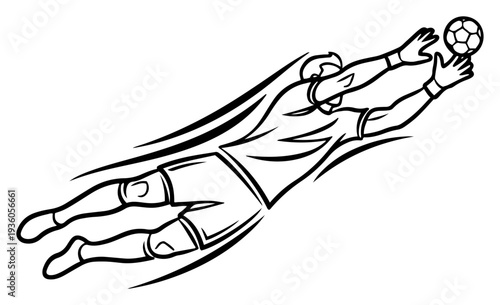 Line art illustration of a professional goalkeeper diving to make a save during a soccer match