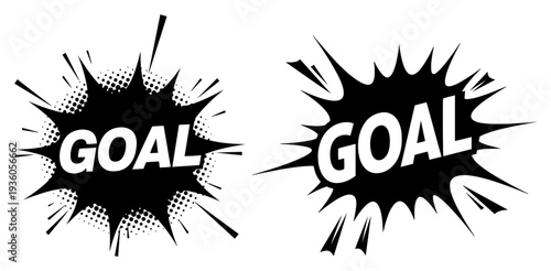 Two comic book style bubbles with GOAL text inside for soccer game celebrations
