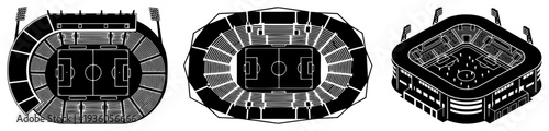 Collection of soccer stadium icons in top view and isometric view for architectural or event design