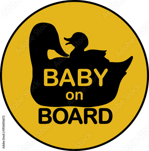Vector black and yellow sign with a duck and a duckling. The inscription is a child on board. A child in a car.