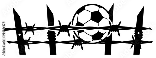 Conceptual illustration of a soccer ball caught in a barbed wire fence representing sport tension or restriction