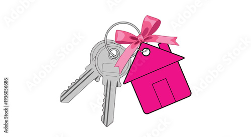 A set of two silver house keys, attached to a keyring and adorned with a small pink house-shaped charm and ribbon, is positioned diagonally on a white background.