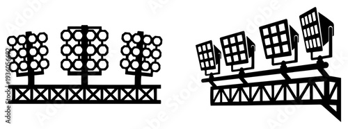 Professional stadium floodlight towers silhouettes for football match night lighting and events