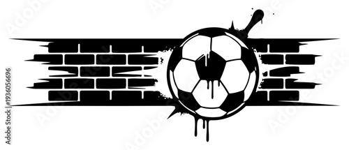 Creative vector graphic of a soccer ball smashing through a brick wall with paint splashes