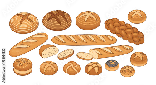 A delightful assortment of freshly baked bread, including baguettes, round loaves, and various buns, is appealingly arranged on a light, neutral background.