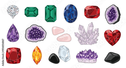 A vibrant collection of faceted gemstones and raw crystals, including diamonds, emeralds, sapphires, and amethysts, is artfully displayed on a clean white background.