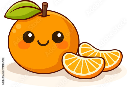 A cute kawaii-style mandarin with rosy cheeks and a playful smile. The illustration features bright orange color, a green leaf, and segments of the fruit, making it perfect for food branding, product