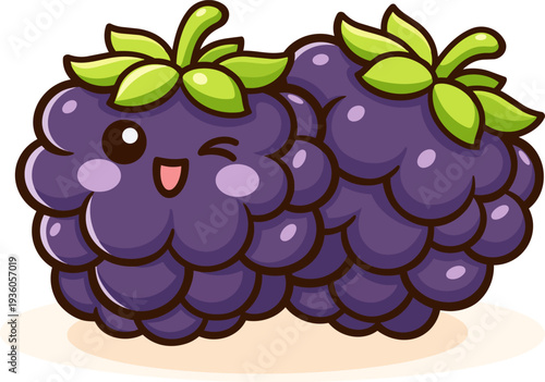 kawaii-style illustration of two smiling blackberries with bright green leaves on top. The berries have a playful wink, rosy cheeks, and a joyful expression, giving them an adorable and cheerful look.