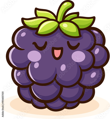 A cute, kawaii-style illustration of a single smiling blackberry with bright green leaves on top. The blackberry has a joyful expression, with closed eyes and rosy cheeks