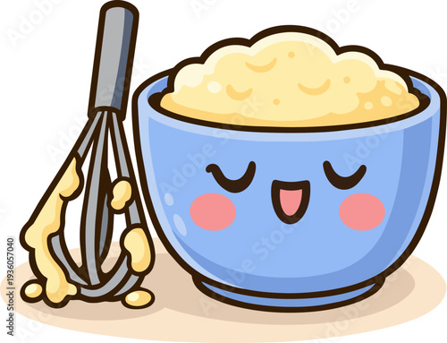 A cute, kawaii-style illustration of a smiling blue mixing bowl filled with batter and a whisk with dough on it. The bowl has rosy cheeks, closed eyes, and a cheerful expression