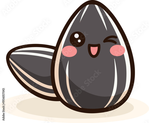 A cute, smiling sunflower seed illustration with large eyes, rosy cheeks, and a playful wink. The design is cartoonish with soft colors and clean lines, evoking a joyful and lighthearted feeling.