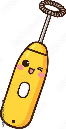 A cheerful kawaii-style milk frother with a smiling face and rosy cheeks. This playful design features a yellow frother with a circular whisk, making it perfect for food-related branding and digital