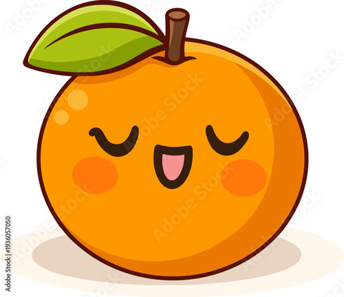 A cute kawaii-style mandarin with a cheerful expression, rosy cheeks, and a green leaf. Perfect for playful food branding, digital content, and creative projects with vibrant, clean design.