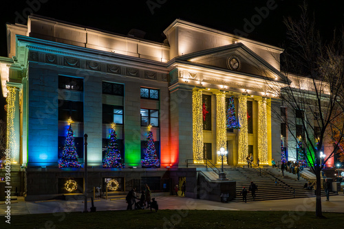 Prescott Arizona/USA - December 12, 2025  Night scene at the Yavapai County Courthouse decorated with lights and Christmas trees during a holiday event in December