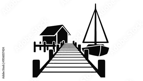 Vector illustration of black silhouette of a dock with a house and a sailboat on on a transparent background
