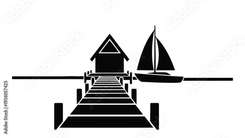 Vector illustration of black silhouette of a pier and sailboat on water on a transparent background