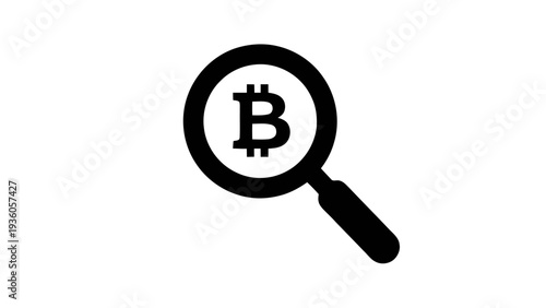 Vector illustration of black silhouette of a magnifying glass with a bitcoin symbol on on a transparent background