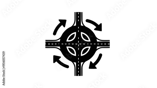 Vector illustration of black and white road roundabout traffic flow sign on a transparent background