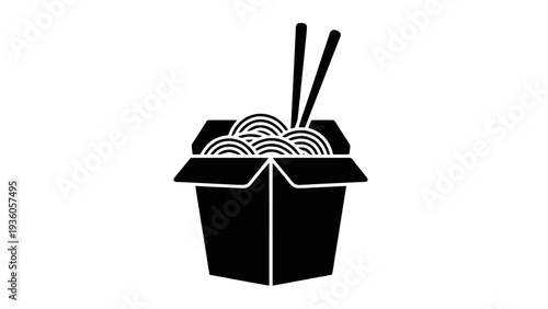 Vector illustration of black and white illustration of noodles in a takeout box with chopsticks on a transparent background