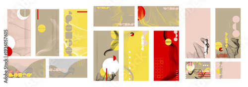 Elegant natural pastel muted pale calm tones card templates set. Collection of romantic invitations with gold abstraction background line color