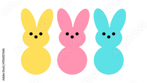 Three colorful marshmallow peeps bunnies in yellow, pink and blue
