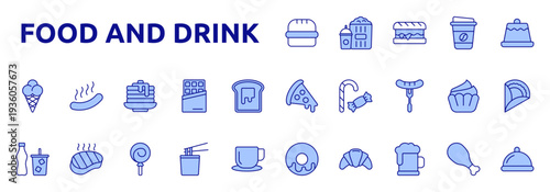 Food And Drink icon color lineal style with burger, popcorn drink, sandwich, coffee cup, cake, pizza, candy, sausage, cupcake, taco, donut, croissant icons