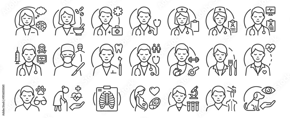 Obraz premium Medical healthcare professionals line icons set with doctor nurse dentist surgeon therapist veterinary laboratory pregnancy xray and healthcare treatment symbols on transparent background