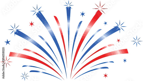 Red, white, and blue bursting fireworks design radiates outward against a stark white background for patriotic celebration.
