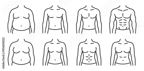 Human body torso transformation icons set with male and female physique fitness muscle abs waist shape and anatomy progress symbols on transparent background