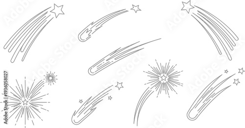 Various linear outlines depict shooting stars and comet trails with accompanying small bursts, suitable for simple designs.