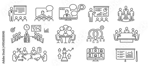 Business meeting and teamwork line icons set with presentation conference strategy discussion webinar collaboration leadership training and management symbols on transparent background