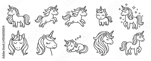 Cute unicorn cartoon characters line icons set with magical fantasy pony poses including running jumping sleeping and smiling animals for kids design on transparent background