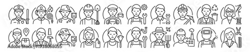 Profession worker and occupation line icons set with police firefighter construction mechanic engineer farmer barber technician and industrial service jobs on transparent background