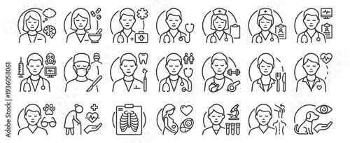 Medical healthcare professionals line icons set with doctor nurse dentist surgeon therapist veterinary laboratory pregnancy xray and healthcare treatment symbols on transparent background