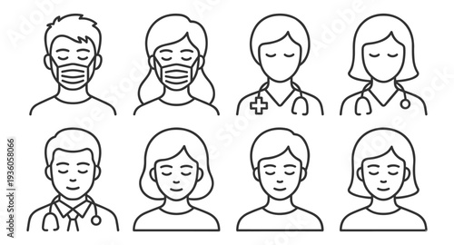 Doctor and nurse avatar outline icon set, healthcare medical staff portraits isolated on transparent background