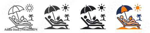 Beach vacation relaxation icons set with sun umbrella lounge chair tropical island seaside leisure travel and summer holiday symbols on transparent background