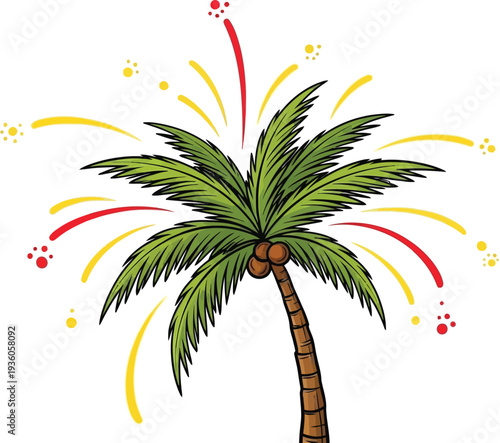 Tropical palm tree explodes with yellow and red fireworks emanating from its fronds for a festive vacation display.
