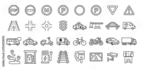 Traffic road and transportation line icons set with street signs vehicles traffic light bridge parking fuel charging station railway and road safety symbols on transparent background