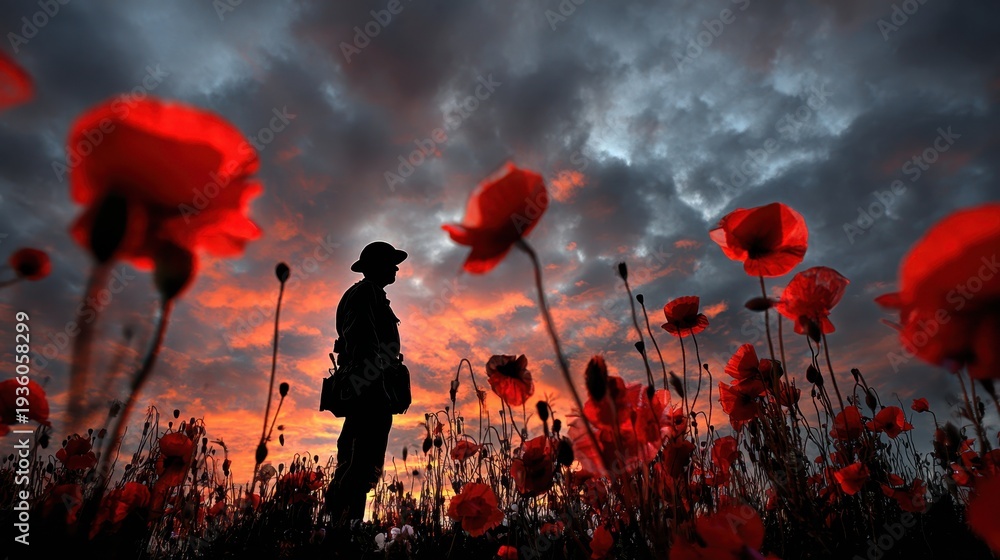 Obraz premium Soldier Silhouette Standing Among Red Poppies Under Dramatic Sky