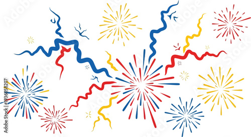 Abstract, stylized bursts of fireworks in red, white, and blue colors explode across the composition against a stark white background.