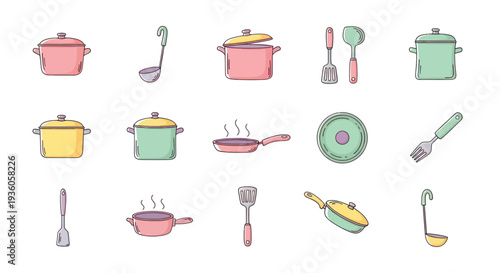 Colorful kitchen utensils and cookware set