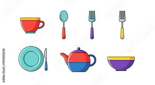 Colorful kitchenware set on white