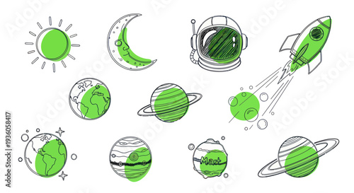 Space Exploration Icons: Rocket, Astronaut Helmet, Planets, Moon, Sun, Stars