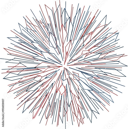 Abstract geometric shape composed of radiating red and blue lines forming a circular burst pattern on a white background.