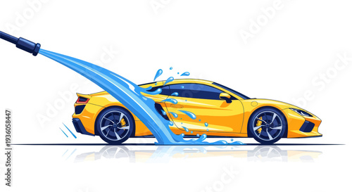 Yellow Sports Car Wash with High Pressure Water Jet and Splashes